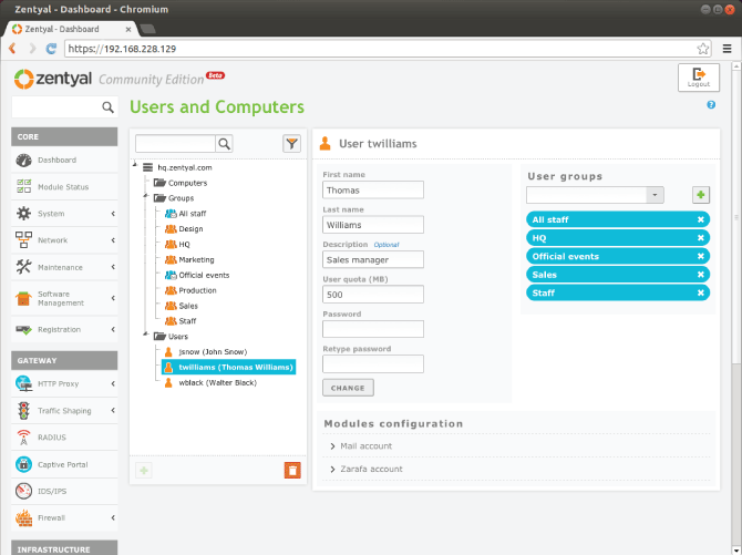 zentyal user and computers screenshot
